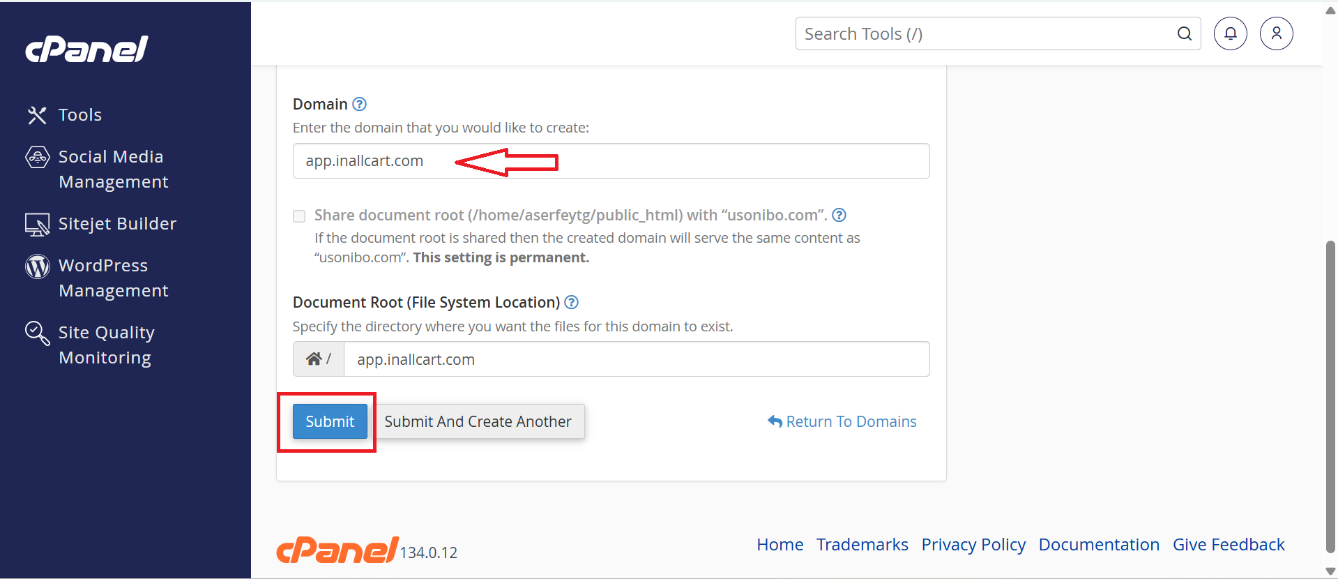 Create a domain in cPanel