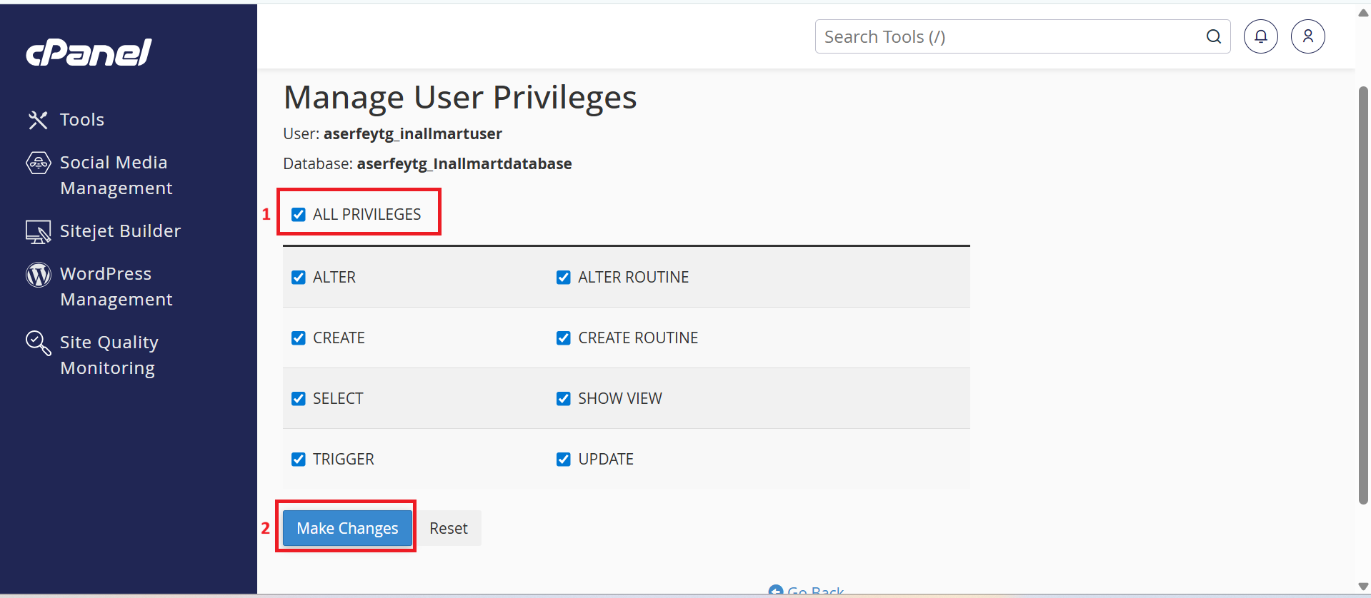 Manage user privileges - grant all permissions