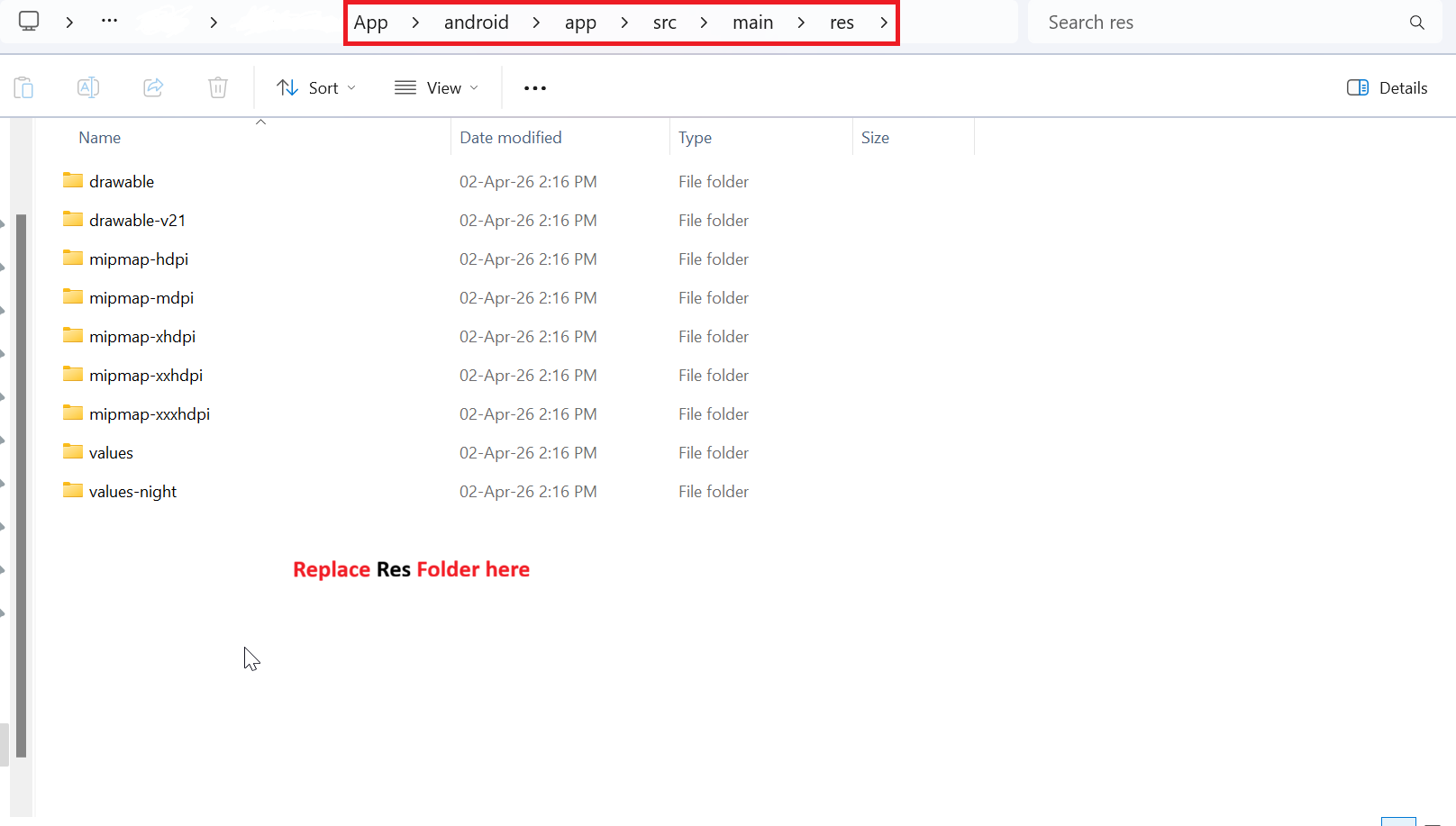 replace res folder in your project