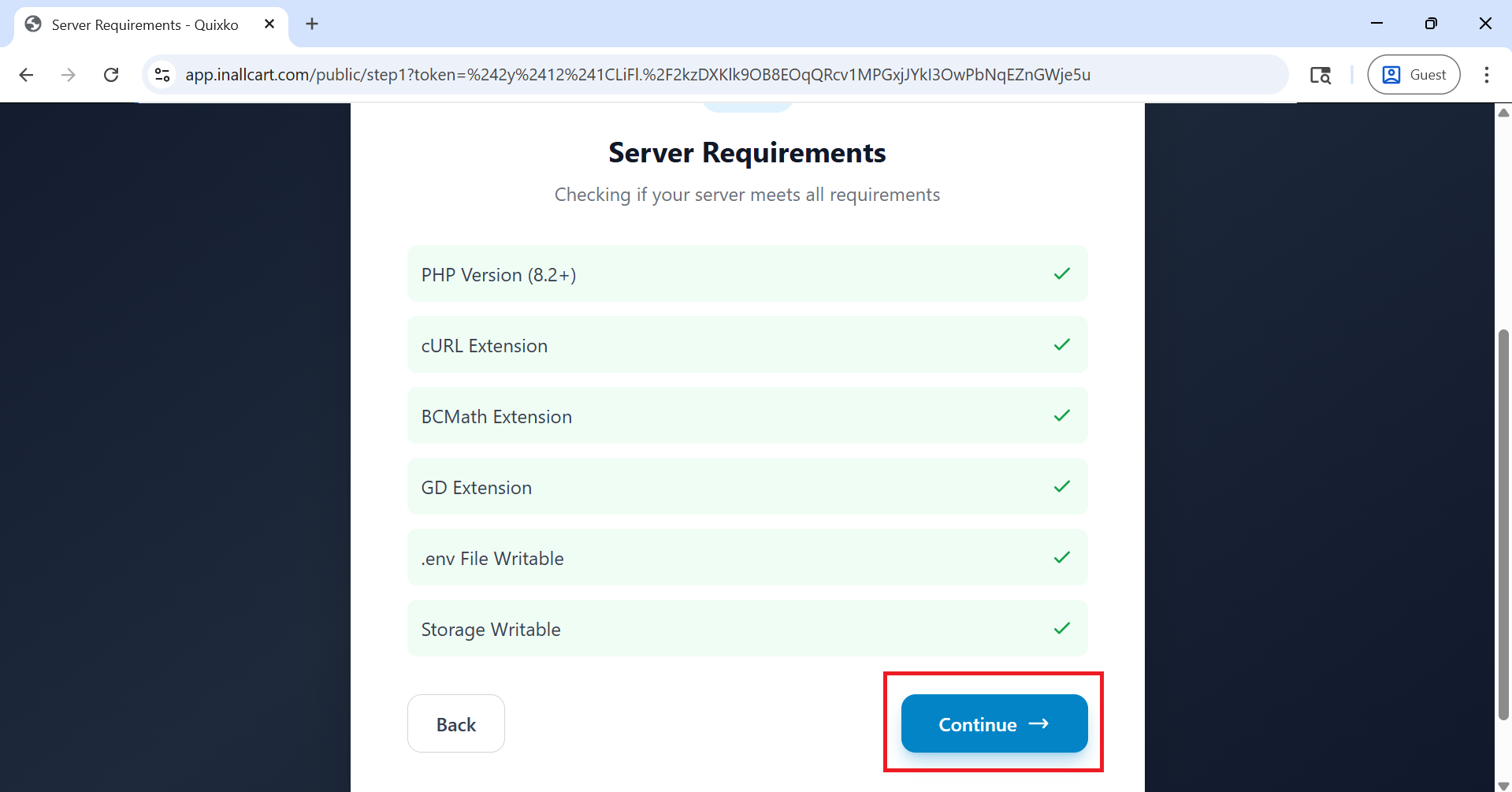 Server requirements check page